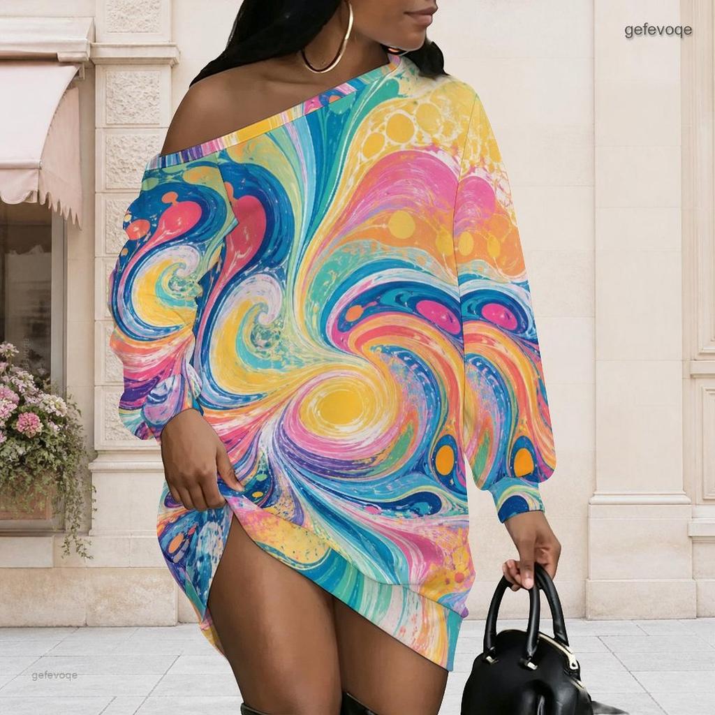 Women Plus Size One Shoulder Long Sleeve Abstract Gradient Print Black Pink Dress