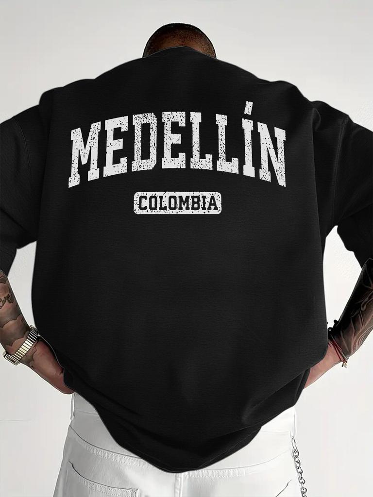 Herren T-Shirt mit Medellin Kolumbien Letter Print - Herren Rundhals T-Shirt, Lockerer Drop Shoulder Fit