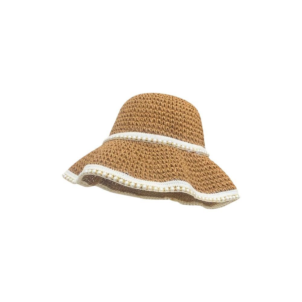 Шляпа-ведро рыбака из соломы с жемчугом Однотонная шляпа-ведро Ретро Женская шляпа от солнца Женская хаки