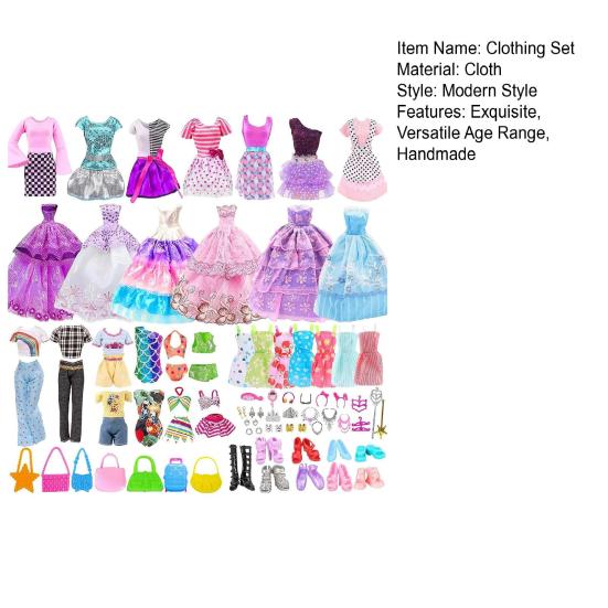 56Pcs Doll Clothes And Accessories Set Handmade Fashion Dresses Gowns Casual Outfits Top Pant Swimsuit Shoes Necklace Glasses Toys