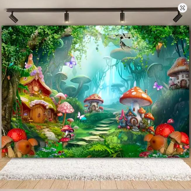 Fantasy Wonderland Jungle Mushroom House Fairy Tale Magic Photography Background Children's Birthday Party Decoration Background
