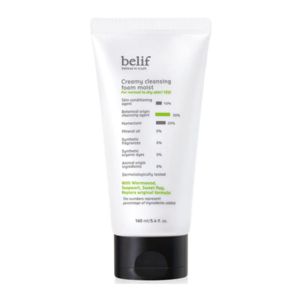 Belif Creamy Cleansing Foam Moist 160mL - Gentle Hydrating Face Wash, Rich Creamy Lather for Normal to Dry Skin, K-Beauty Deep Cleansing