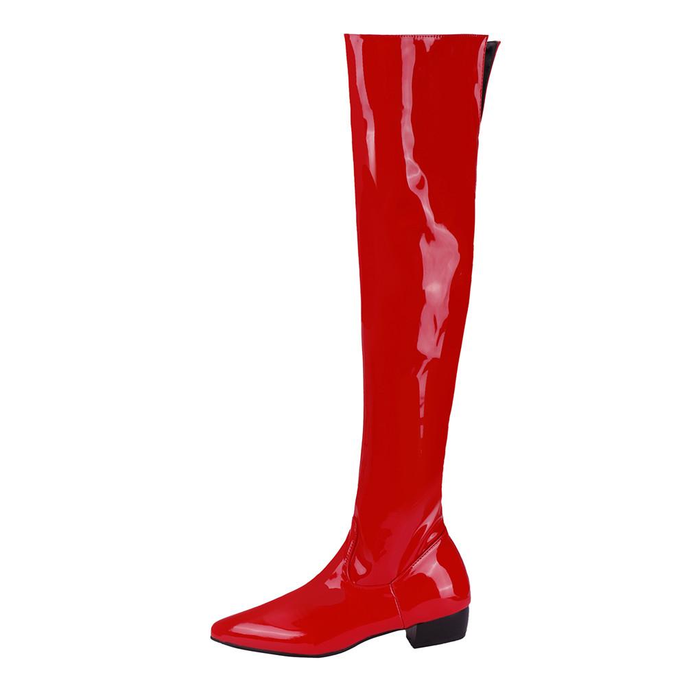 Women Candy Colour Over the Knee Boots Wide Calf Size 31~48 Chunky Low Heel Pointy Toe Patent Leather Comfortable Boot Zip Shoes