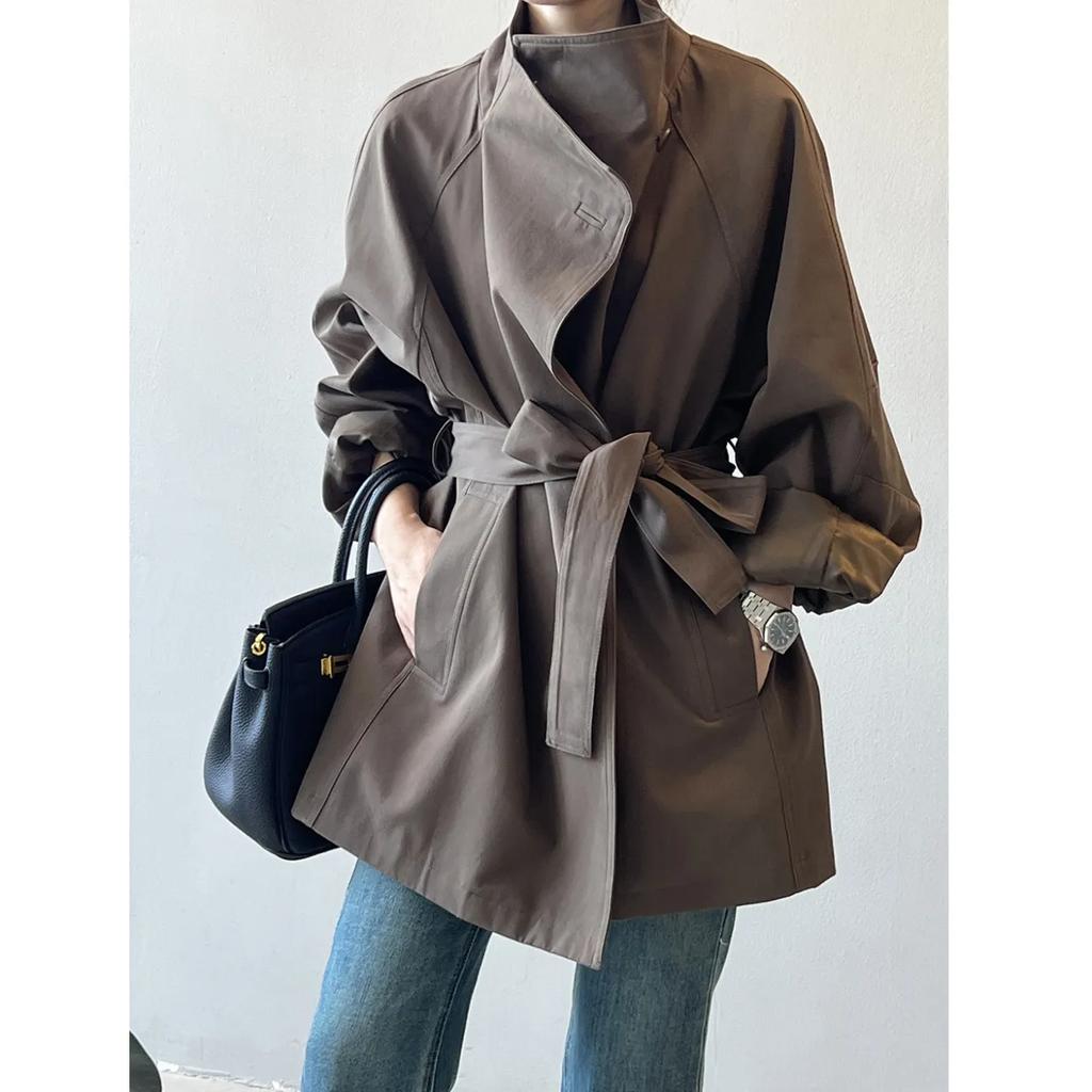 Women Long Sleeve Windbreaker Women Vintage Elegant Trench Coat Office Lady Belt Jacket Loose Waist Stand Collar Fashion Long Coats
