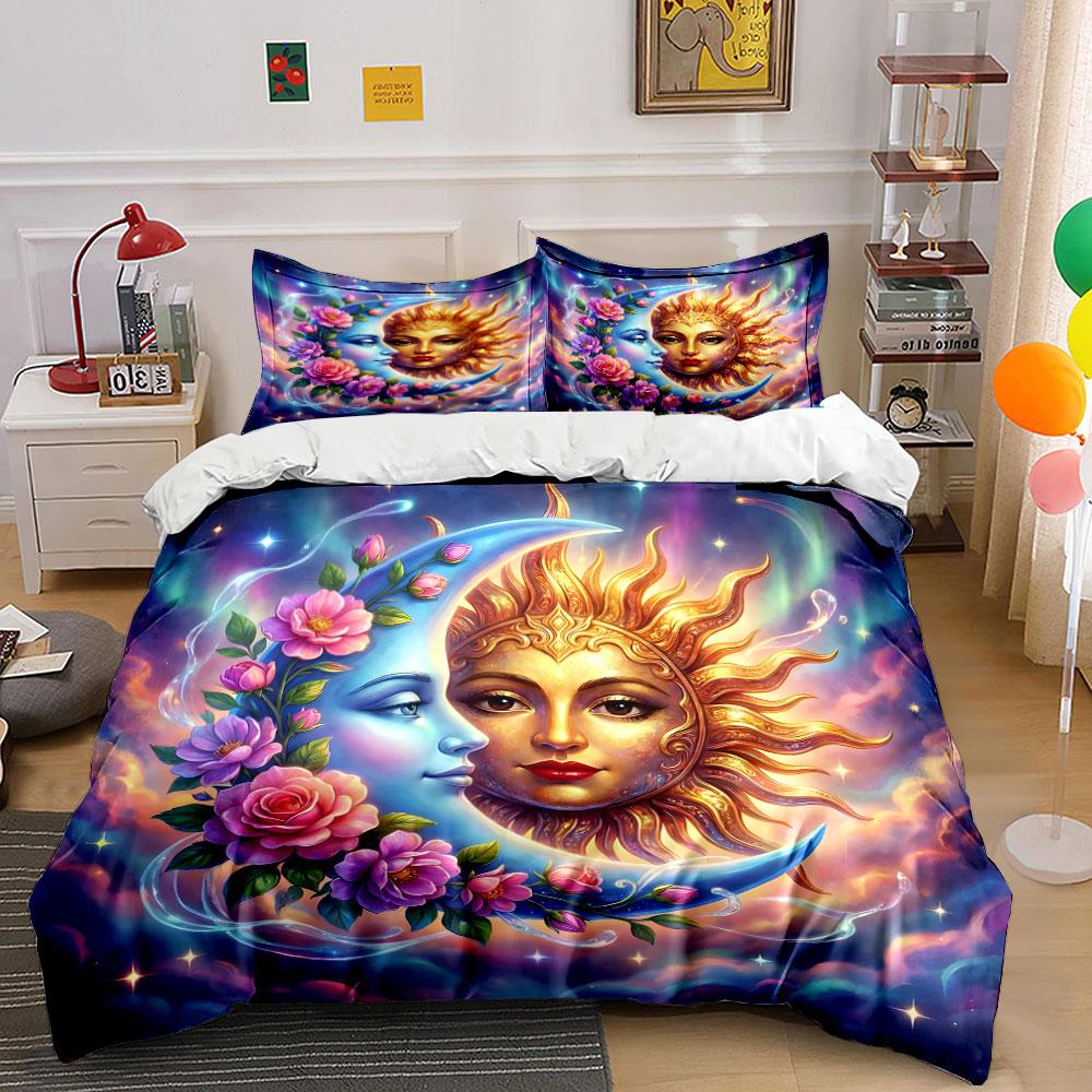 Sun and Moon with Floral Design Bedding Duvet Cover Set (1*Duvet Cover 2*Pillowcases, Without Duvet Insert)