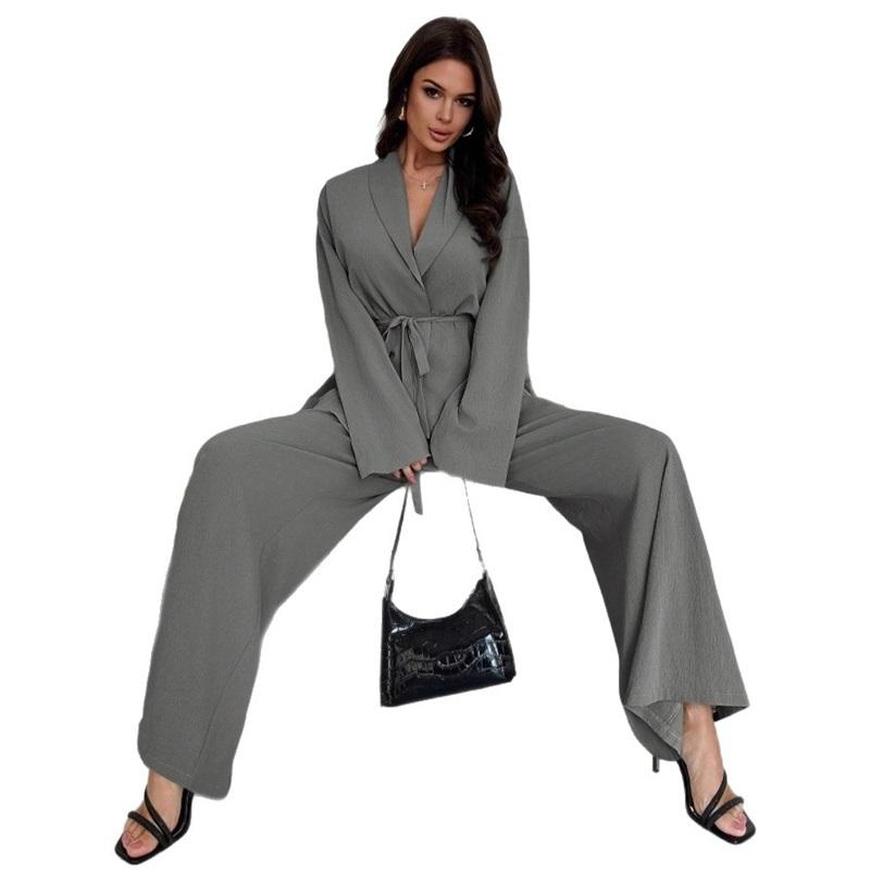 Women's 2 Piece Set V Neck Long Sleeve Belted Blazer & Wide Leg Pants Elegant Casual Office Outfit