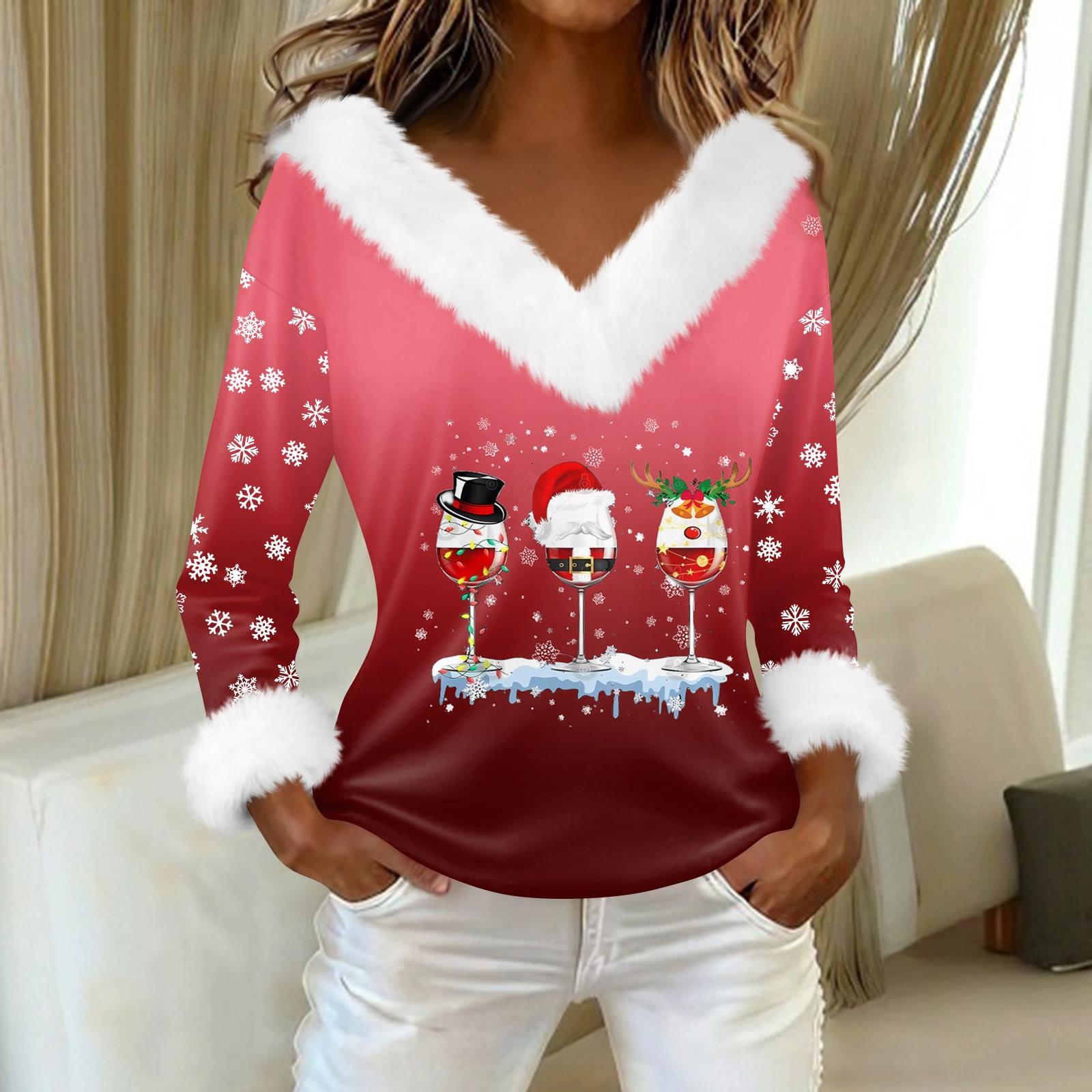 

Женская футболка с принтом, футболка с длинным рукавом, флисовый воротник, топ с V-образным вырезом L винный