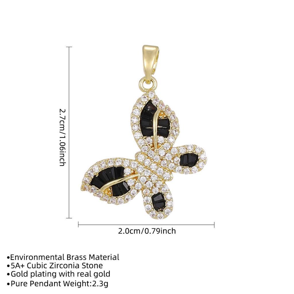 Colorful Zircon Butterfly Pendant - Gold-Plated Copper Charm with Diamond Detailing