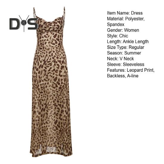 Dámské skluzové šaty Leopardí potisk s úzkým pasem a nízkým výstřihem do V, výstřih do V bez rukávů Plesový koktejlový klub Party Maxi šaty