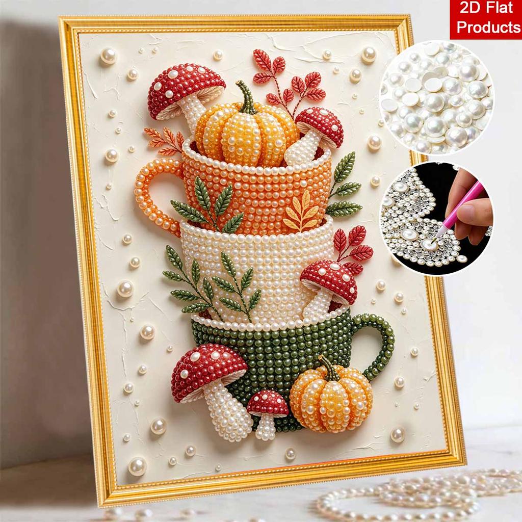 Herbstkürbis Pilz Tasse Rahmenloses Perlenmalerei-Set 3D Perlen Leinwand Kunst Romantische Wohnwanddekoration Basteln DIY Handgemacht Thanksgiving Dekoration