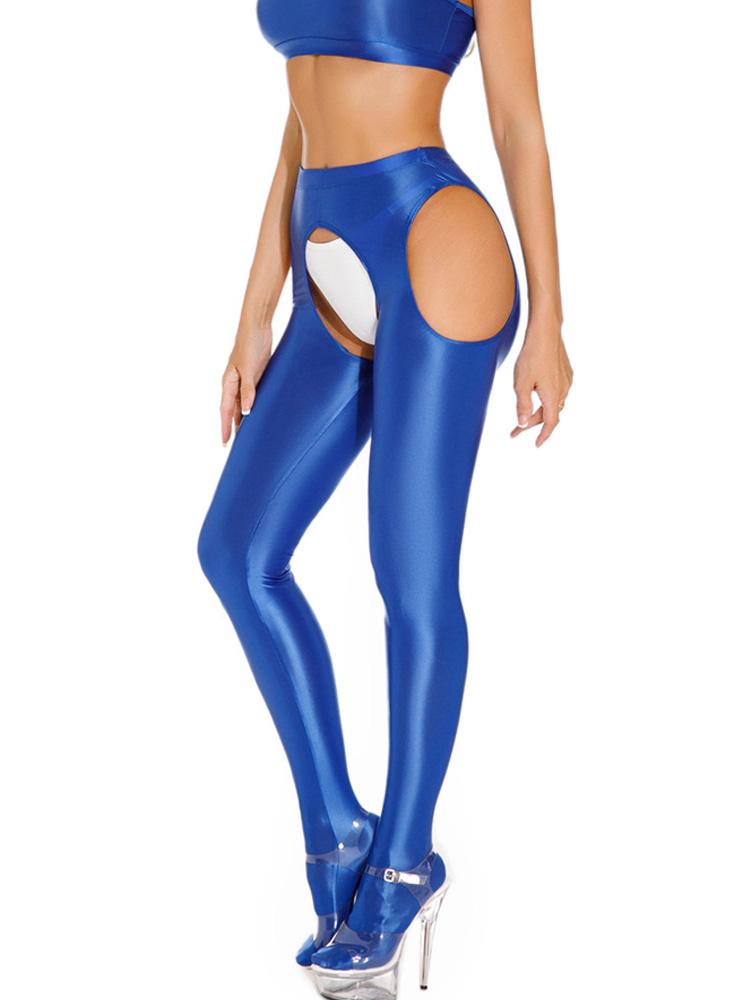 Sexy Damen Ganzbein-Leggings Glänzende Bleistifthose Ölglänzend Bonbonfarbe Glatter Schritt Ohne Schrittformende Hose Sexy Eng Aushöhlen