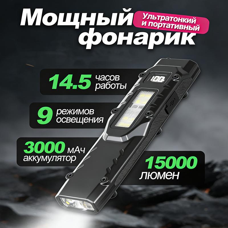 eDC flashlight,rechargeable lED flat flashlight w/Clip & digital display,Pocket flashlight for camping emergency