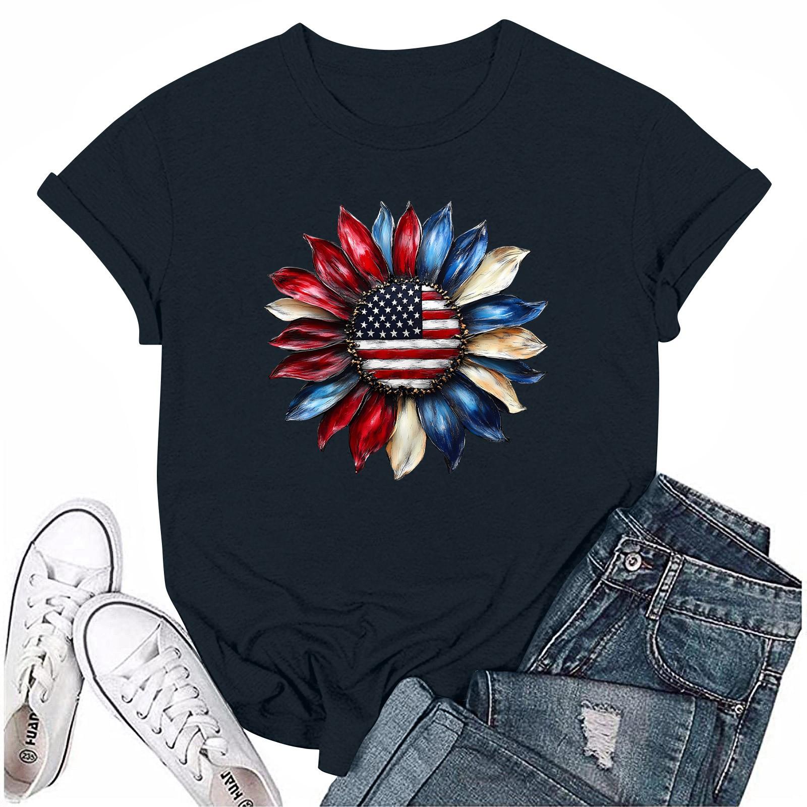 

Adults Casual Daily Round Neck Independence Day Printed Short Sleeved T-shirt Letter Top S тёмно-синий