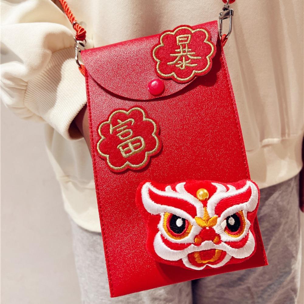 Cross Body PU Leather Red Envelope Tassel Lion Dance New Year Money Envelope  Celebration Party
