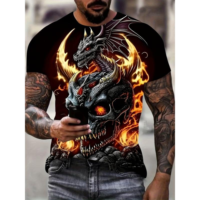 Vintage Chinese Loong Pattern T-Shirt for Men Dragon Skull 3D Printed T Shirts Summer Loose Street Tops O-Neck Short Sleeve Tees