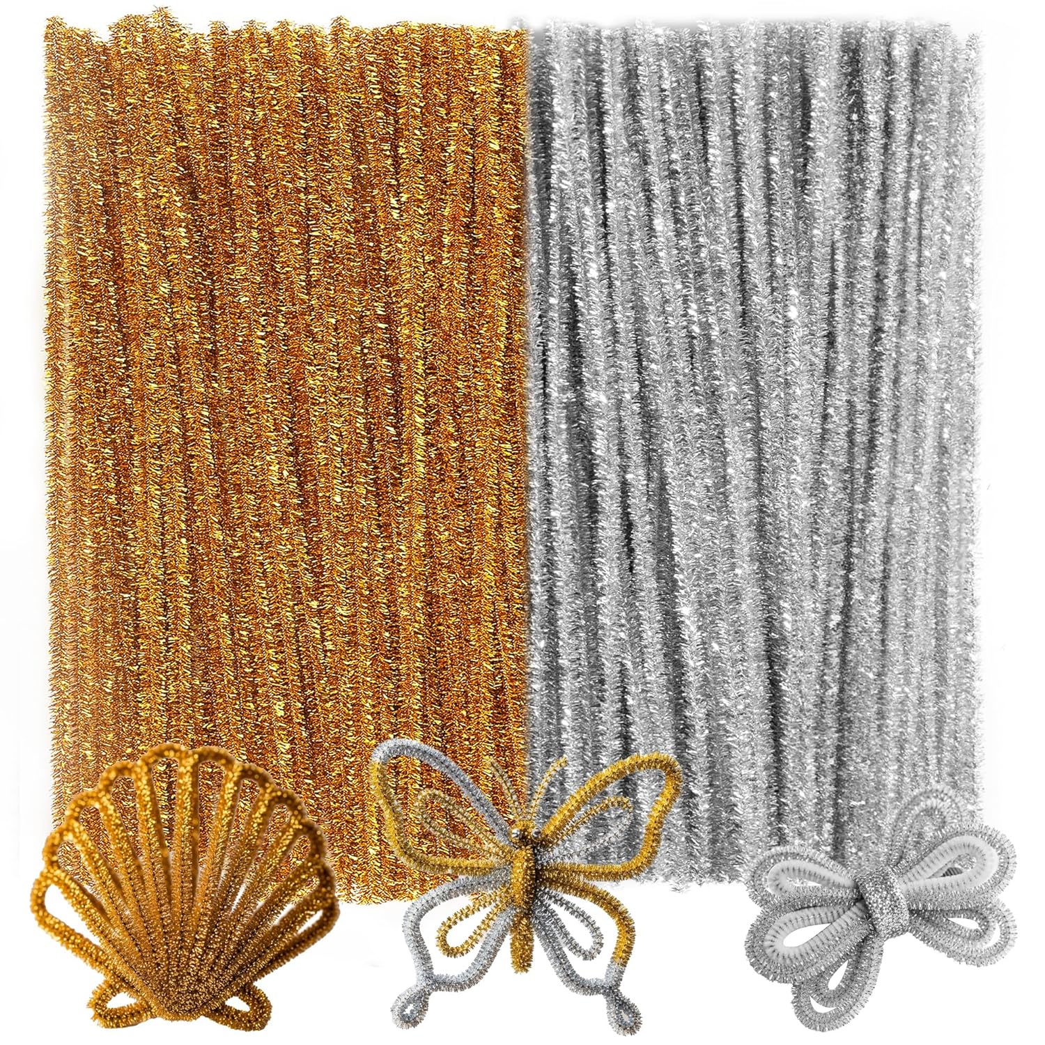 

100 Pieces Glitter Golden & Silver Pipe Cleaners, Thick Fluffy Chenille Stems, Pipe Cleaner Crafts for Arts & Crafts
