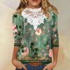 3/4 Length Sleeve Womens Tops Casual Loose Fit Lace V-neck T Shirts Cute Retro Floral Print Three Quarter Length Tunic Tops
