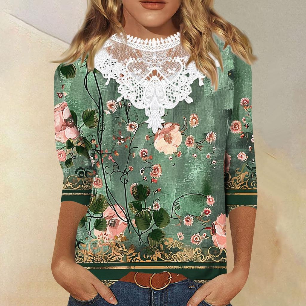 3/4 Length Sleeve Womens Tops Casual Loose Fit Lace V-neck T Shirts Cute Retro Floral Print Three Quarter Length Tunic Tops