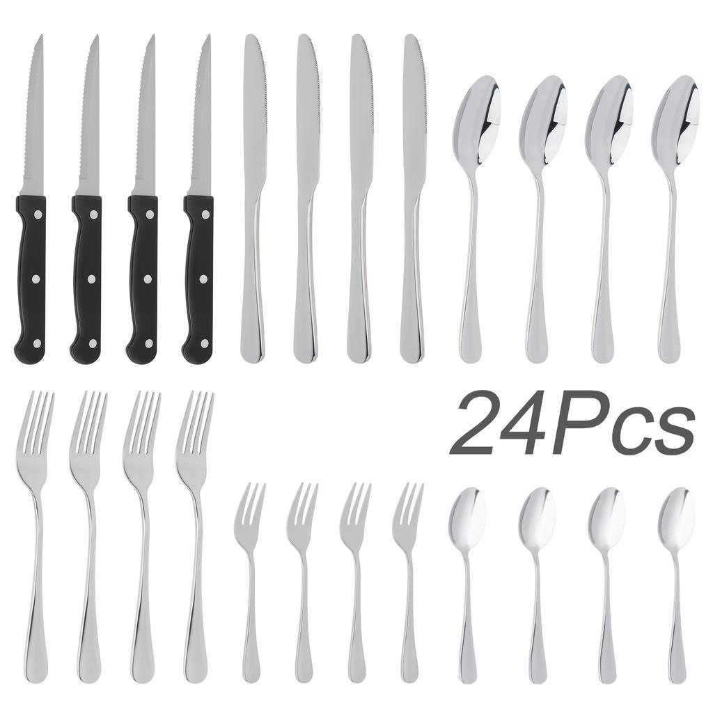 24pcs Stainless Steel Tableware Set Food Grade Tableware Fork and Spoon Set Mirror Finished Utensil Sets