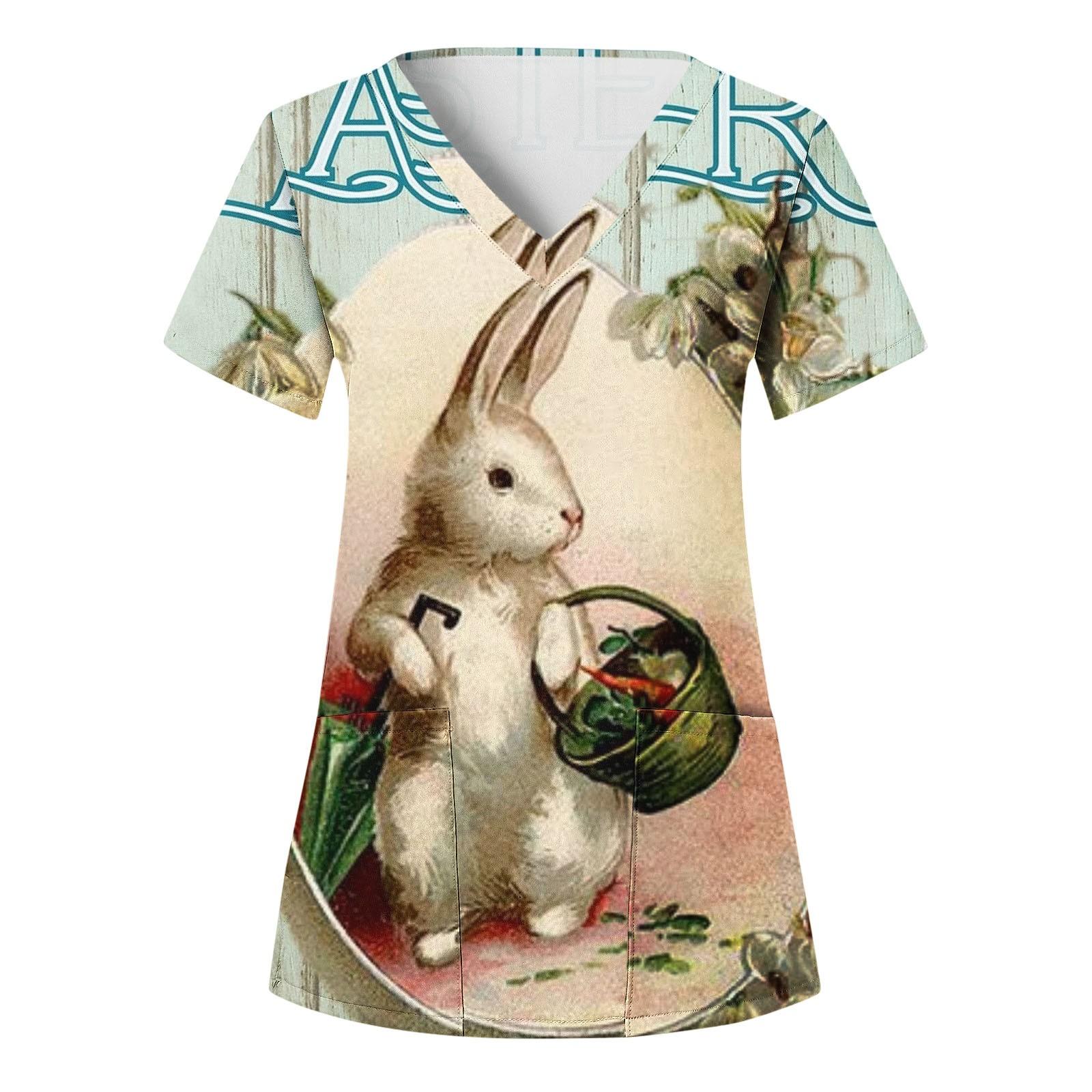 

Женская мода Пасхальный принт с короткими рукавами и v-образным вырезом Рабочая блузка с карманами XXL бежевый