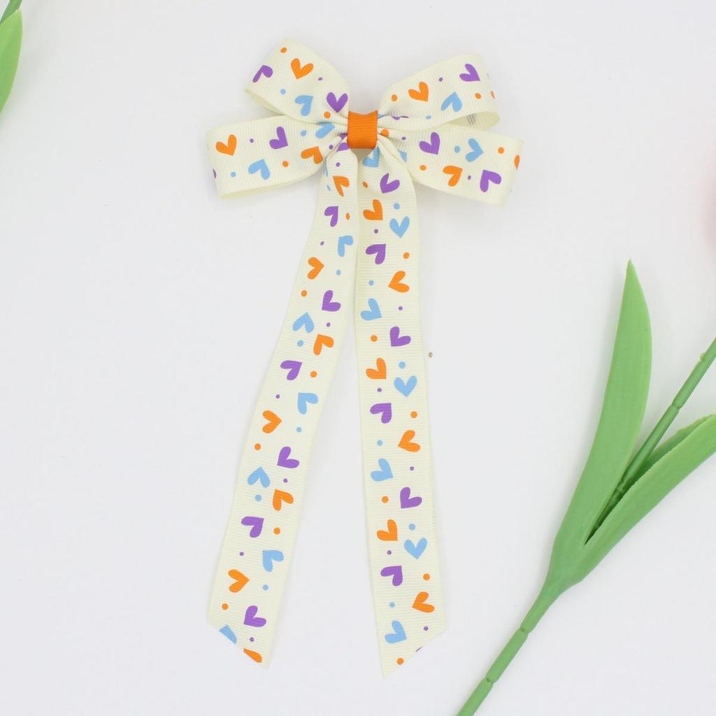 Printed Ribbed Band Long Ribbon Bow Hair Clip - Hot Selling Hair Accessory