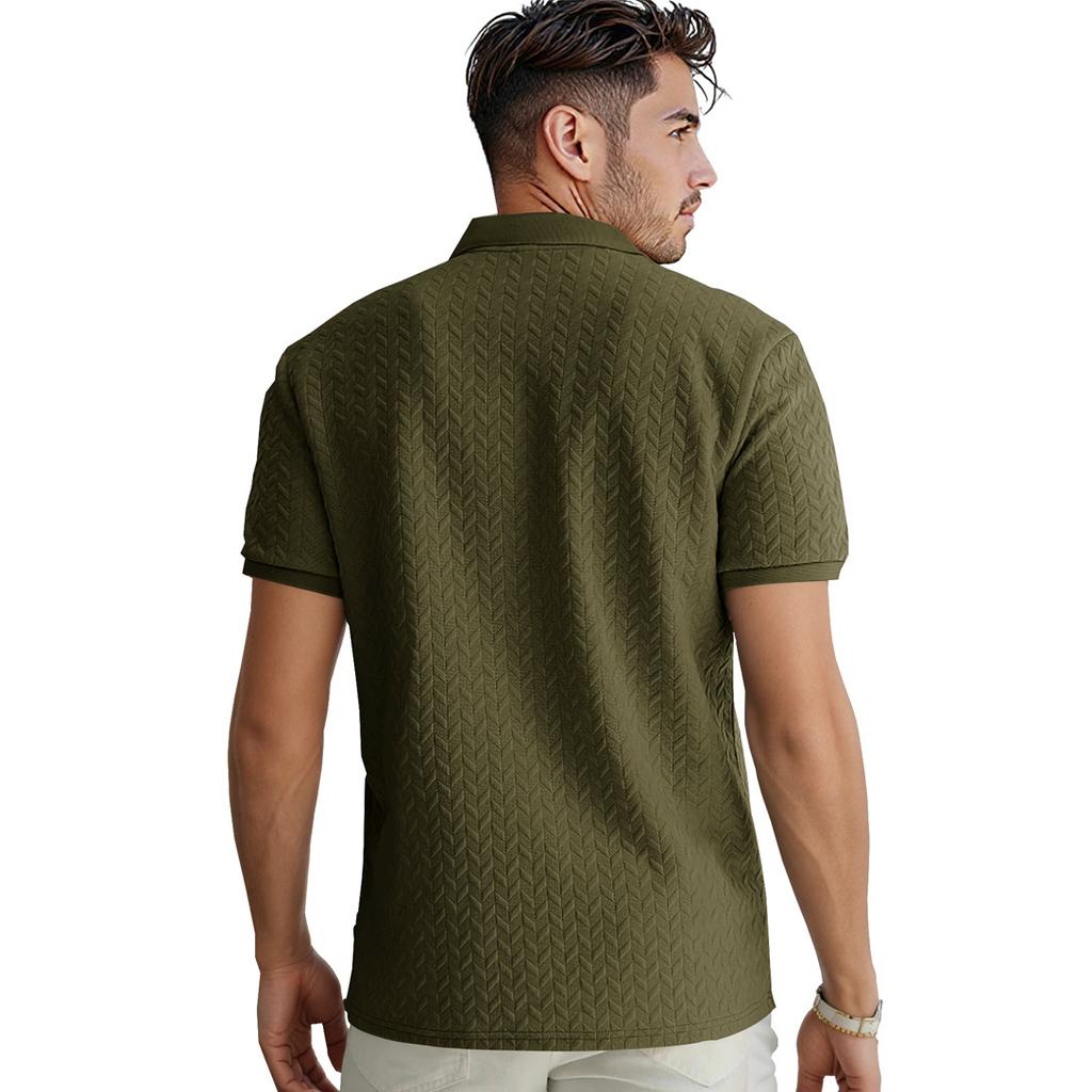 Polo Shirt Solid Color Jacquard Short Sleeved Casual Slim Fit Lapel Shirt for Men