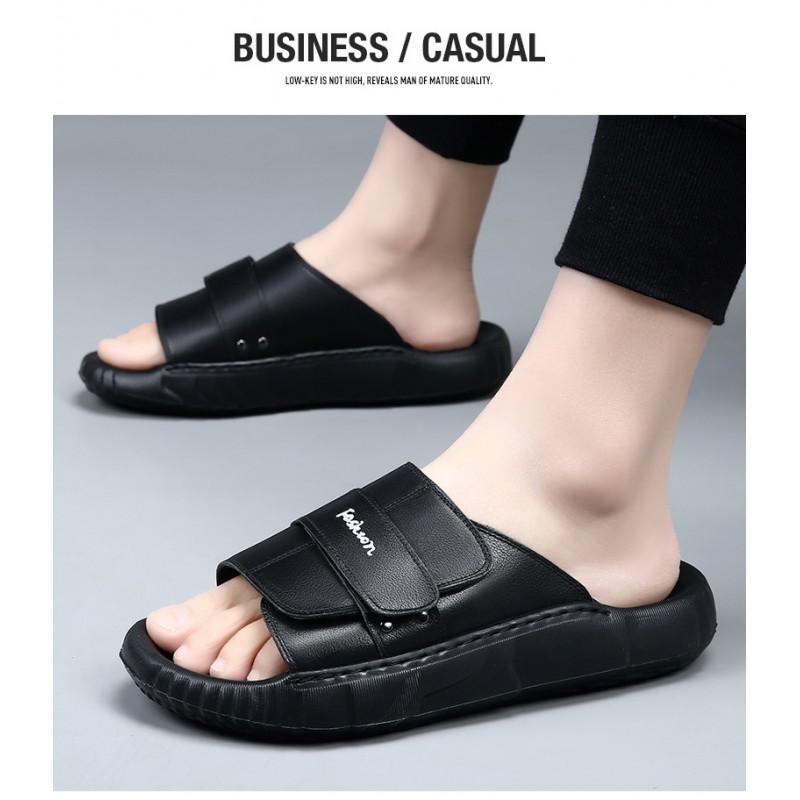 Herren Genuine Leather Slide Sandalen Outdoor Slip-On Flache Schuhe Mit Rutschfester Sohle