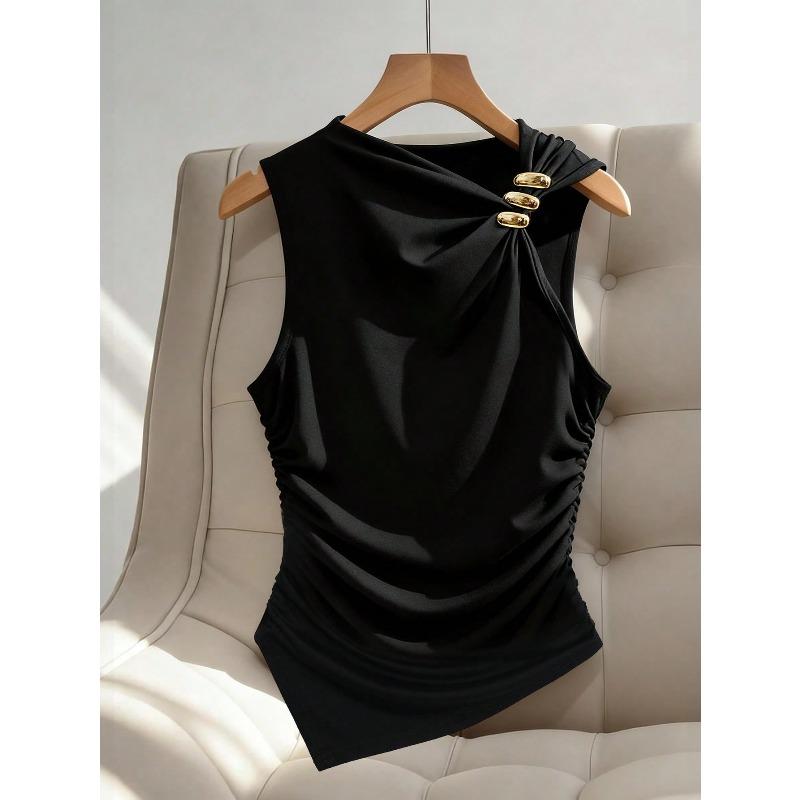 Simple Sleeveless Metal Ring Solid Color Thin Shirt Top Women