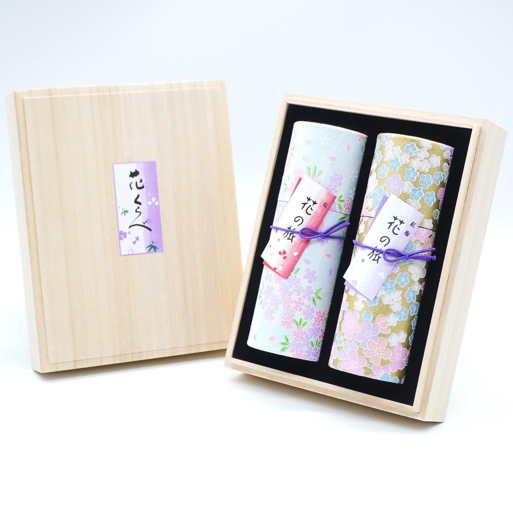 Hanakurabe Two-Scent Incense Set, Red Plum and Cherry Blossom Scents, Premium Paulownia Wood Box, Low-Smoke Incense, Incense Set, Gift Wrapping, and