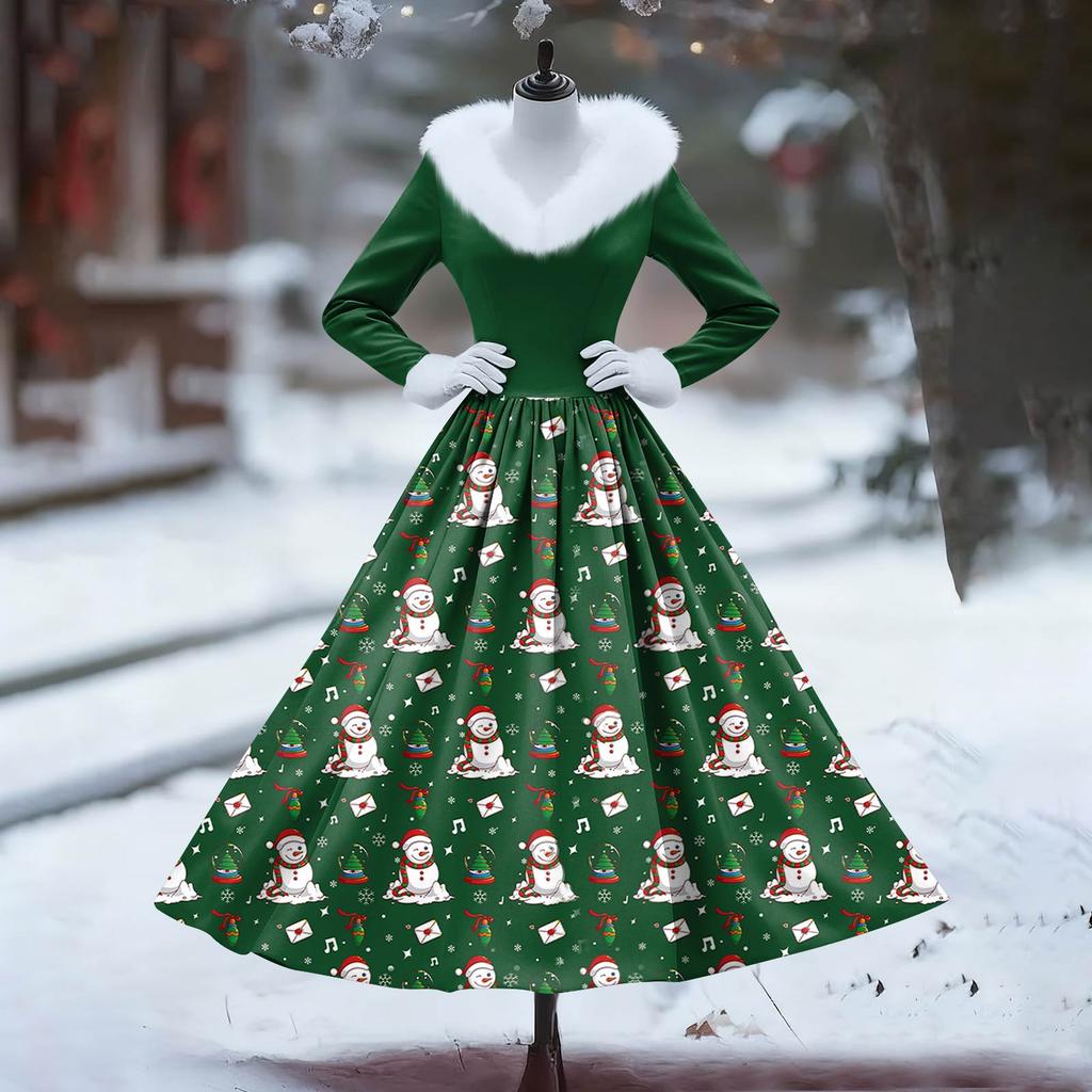 Women's Casual Dress Long-Sleeve V-Neck Patchwork Fleece Christmas Print Dress