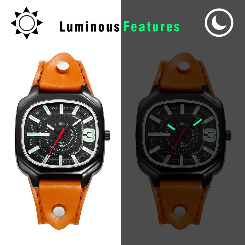 Square Watch with Genuine Leather Strap and Luminous Analog Large Quartz Watch with Adjustable Unisex Perfect Gift for or Any Men's Display Retro,
