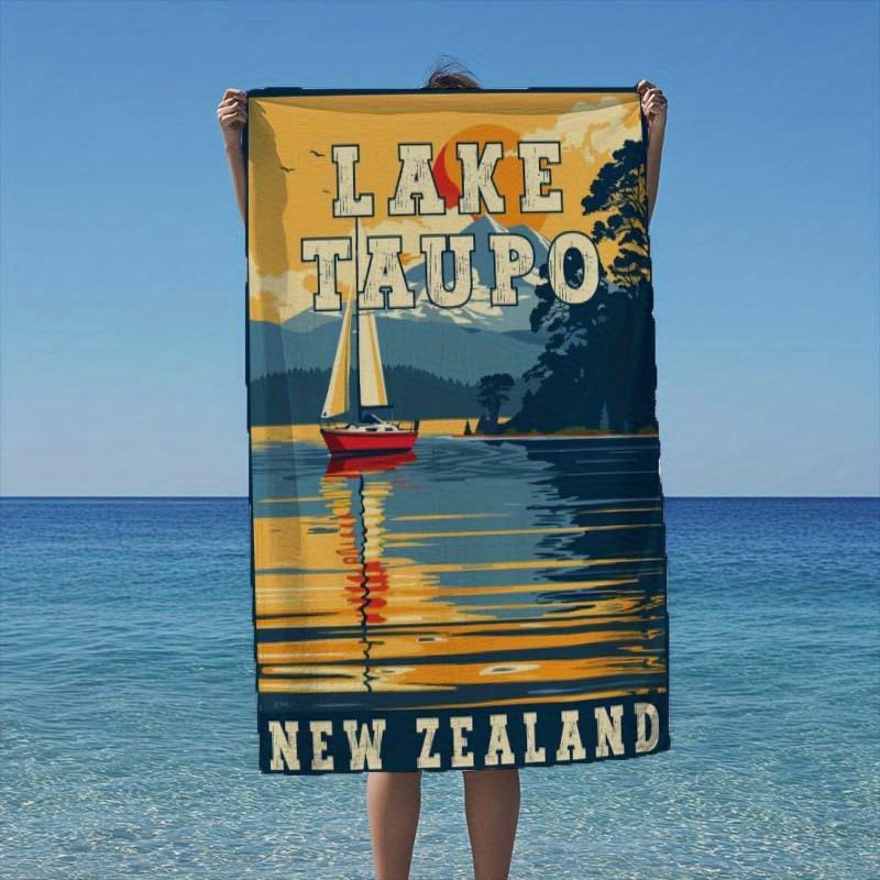 1pc Lake Taupo Serenity New Zealand Travel Animation Illustration Beach Towel - Quick-Dry Microfiber, Ultra-Soft Compact for Cam W30*H60(CM)
