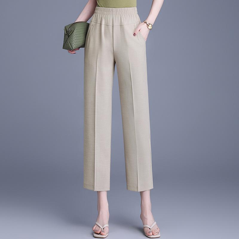 Spring 2026 High-Waist Straight Leg Pants for Middle-Aged Women - Casual, Loose Fit, Nine-Point Length