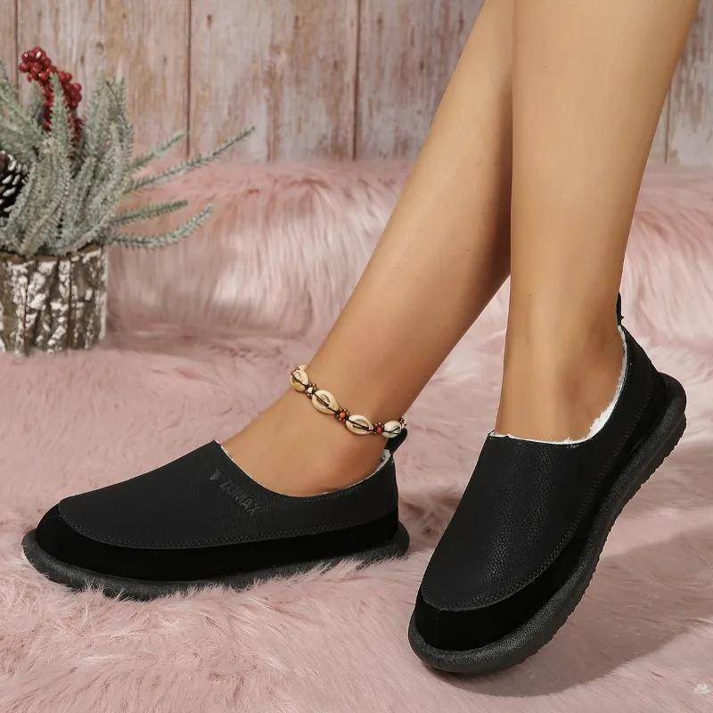 2024 Winter Women's Shoes Fashion Round Toe Solid Color Low Heel Slip-on Velvet Lined Warm and Comfortable Women's Flat Shoes