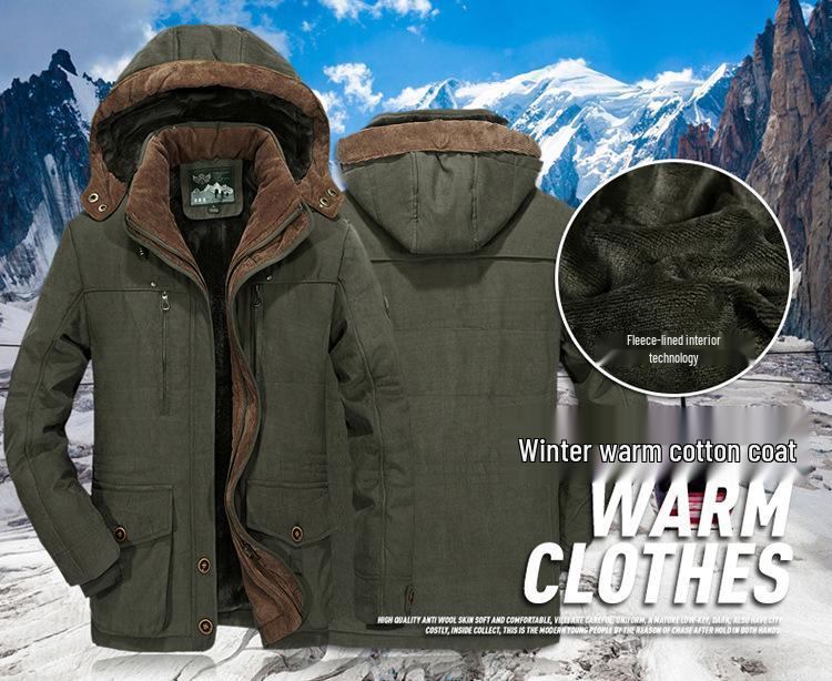 Men's Mid-Length Winter Cotton Coat with Velvet, Multi-Pocket, Thickened, Plus Size - Ideal for Middle-Aged and Elderly