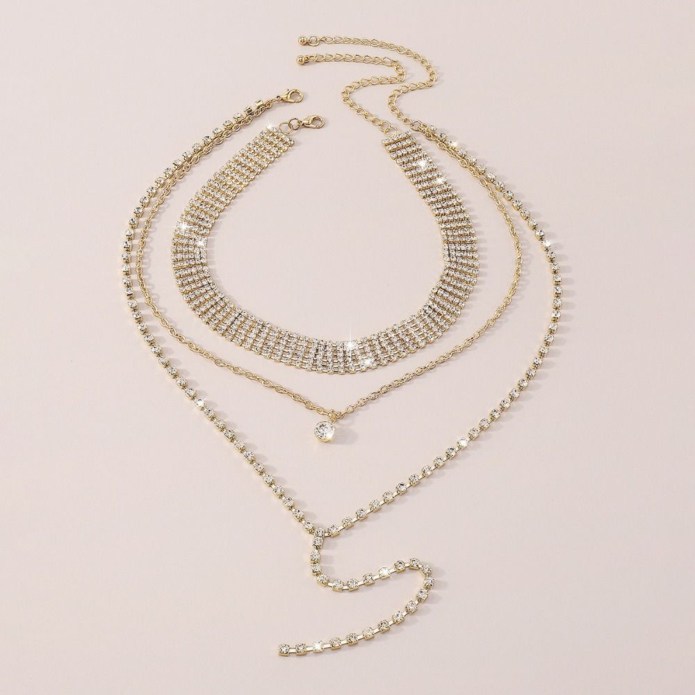 Gold Back Chain Metal Rhinestone Necklace Retro Multi-Layer Necklace  Wedding
