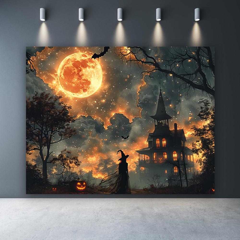 Halloween Witch and Full Moon Haunted House Background - Multi-functional Polyester Photography Backgroundzyc