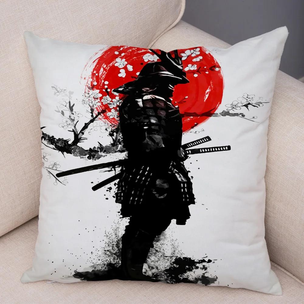 Japan Style Ink Warrior Cushion Cover for Sofa Home Double Print Decor Beautiful Scenery Girl Pillowcase Soft Plush Pillow Case