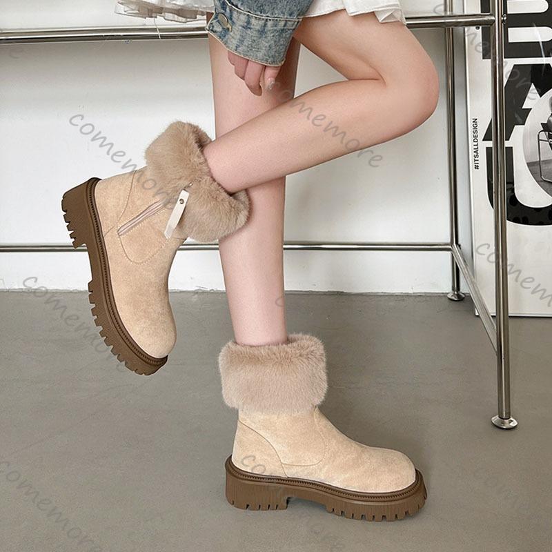 Comemore Fur Padded Thick-soled Snow Boots Women's 2025 New Winter Warm Cotton Shoes Casual Middle Heel Side Zipper Female Botas