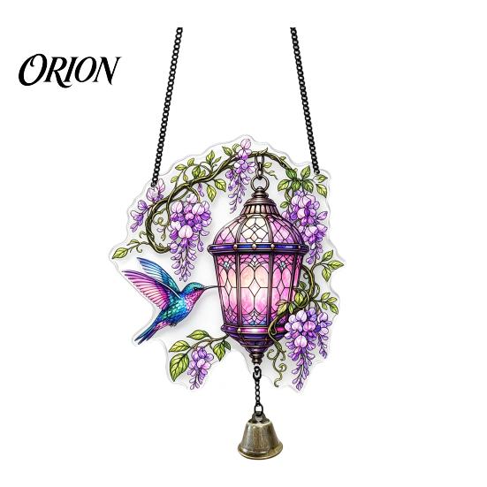 Weatherproof Hanging Decoration Vintage Lantern Bird Flower Ornament, Stained Glass Acrylic Window Squirrel Decor, Door with Bell Ornament