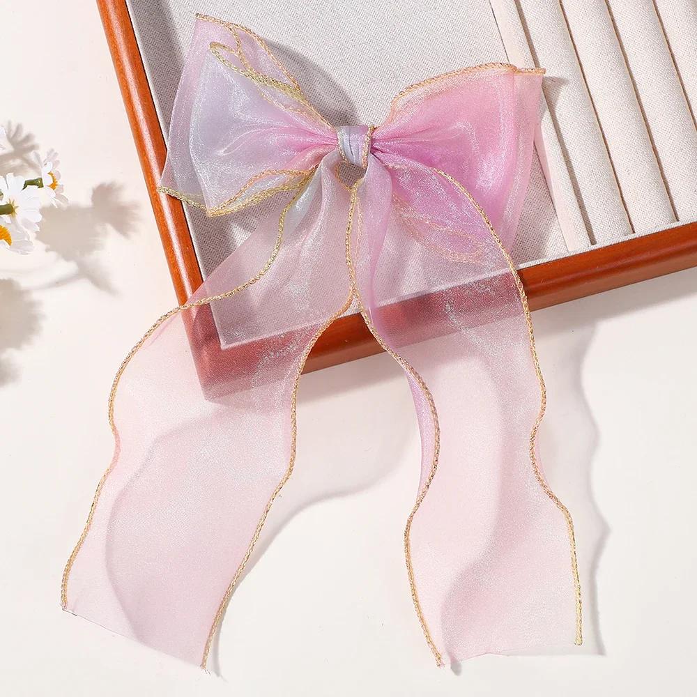 1PCS Rainbow Chiffon Bow Ribbon Hair Clips for Women Girls Cute Colorful Long Tassel Ponytail Hairpins Headwear Hair Accessories