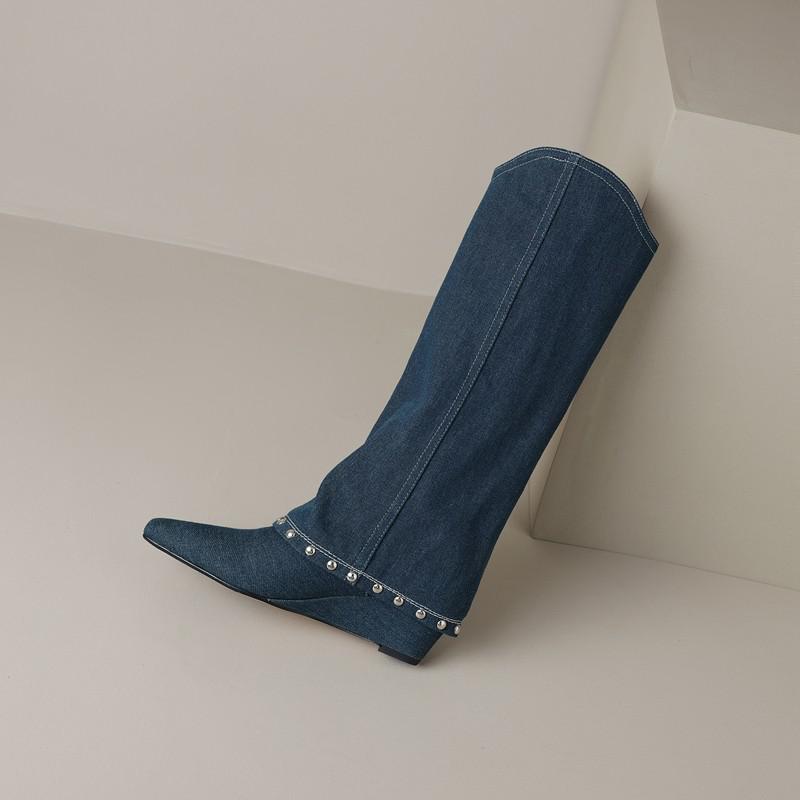 Punk Designer Western Boots Trouser Pants Boots Riveted Wedge Heels Cowboy Knee High Boots Plus Size Leather Women's Shoes 34-42