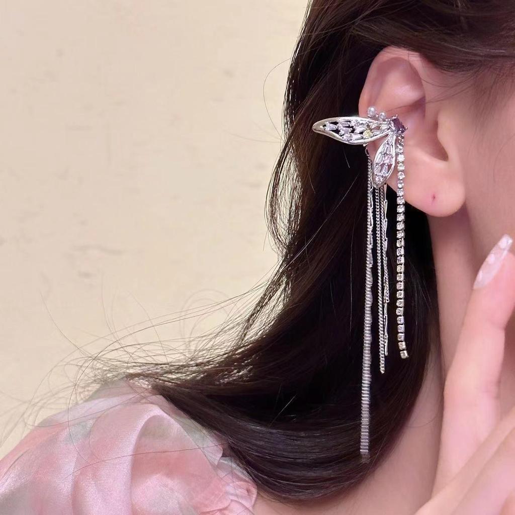 Mori-Style Elf Ear Cuff with Colorful Zircon Butterfly Tassels - Elegant, Luxurious No-Pierce Ear Clips