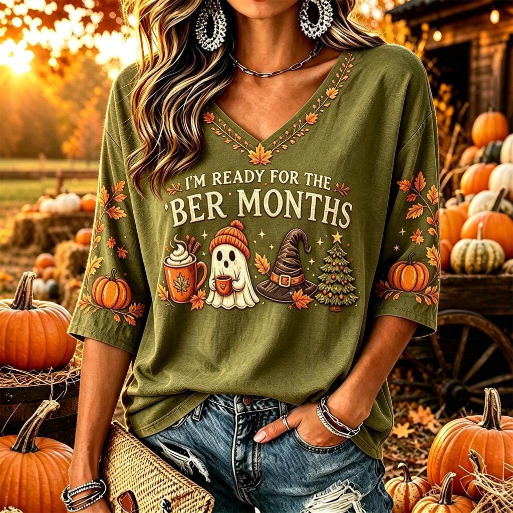 Women's Casual Thanksgiving Print V-Neck Pullover Top