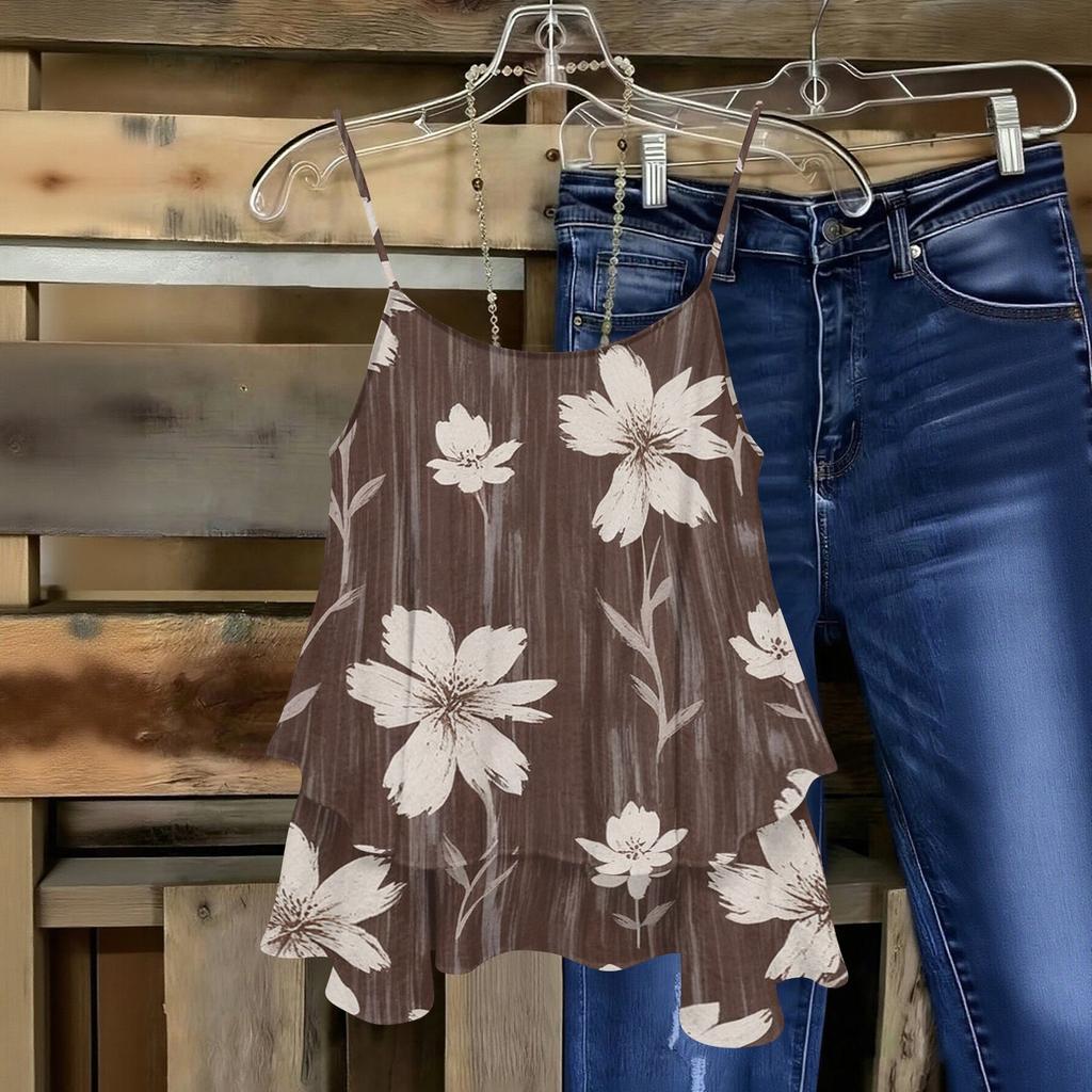 Women Strapless Floral Print Sleeveless Double Layer Camisole Top Lightweight Summer Casual Tank Blouse