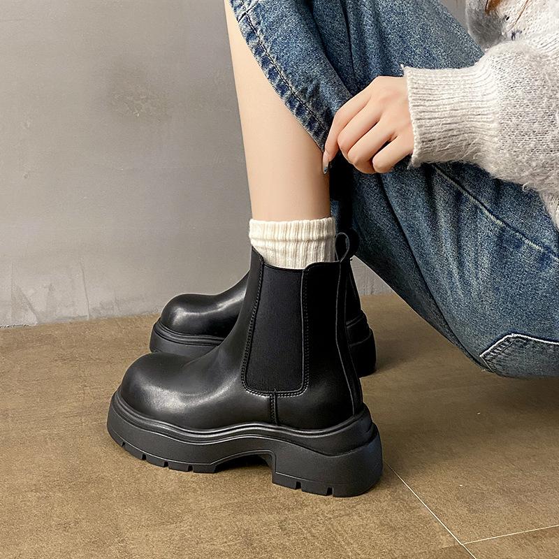 Stylish round head retro casual short Chelsea boots autumn and winter new imitation leather thick heel thick-soled cigarette boots