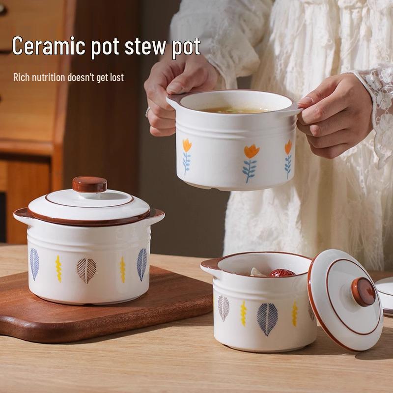 Double-Eared Insulated Ceramic Stewing Pot with Lid for Soups and Egg Custard