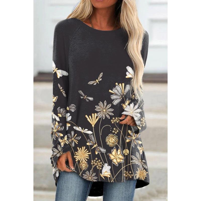 Spring and Autumn Round Neck Flower Pattern 3D Printed Top Fashionable Casual Vintage Long Sleeved Women's T-shirts