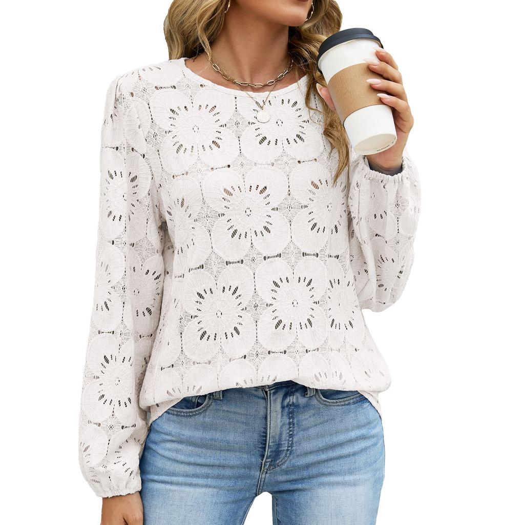New Autumn-winter Pure Color Round-neck Lace Long-sleeved Loose Sheer Top for Women