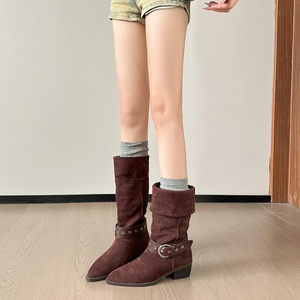 Women's High Boots Suede Retro Two-wear Medium Tube Pointed Boots Women's New Autumn Thick Heel Medium Heel Pleated Cowboy Boots